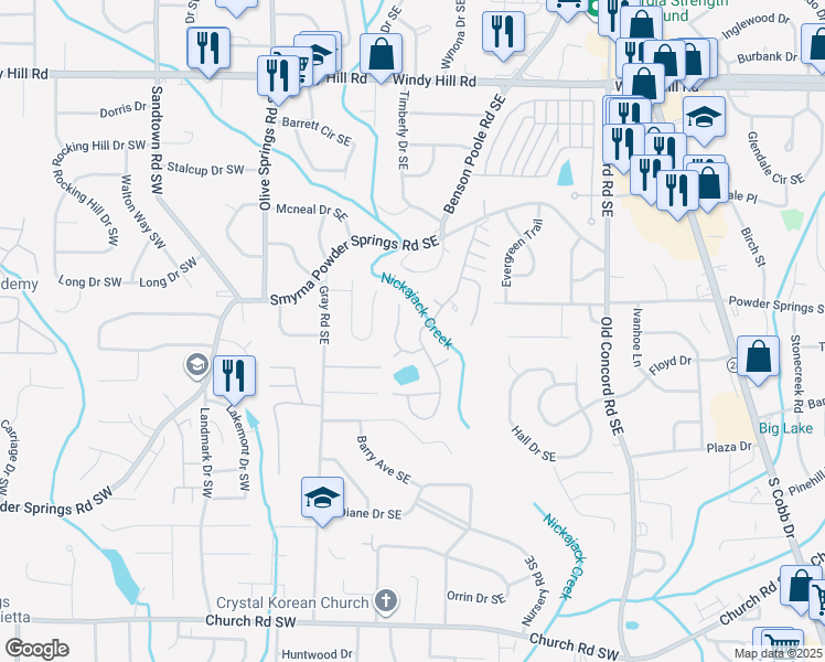 map of restaurants, bars, coffee shops, grocery stores, and more near 3018 Vineyard Way in Smyrna