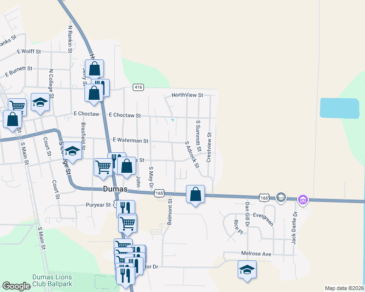 map of restaurants, bars, coffee shops, grocery stores, and more near 1060 East Waterman Street in Dumas