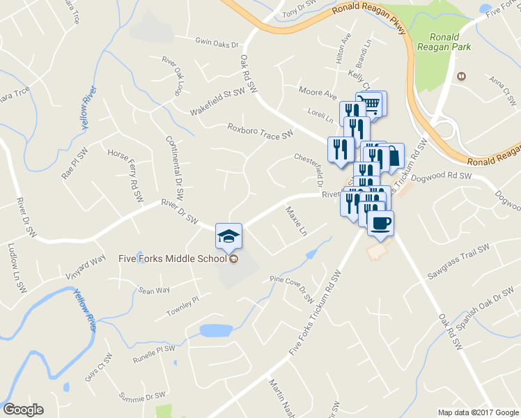 map of restaurants, bars, coffee shops, grocery stores, and more near 3195 River Drive Southwest in Lawrenceville