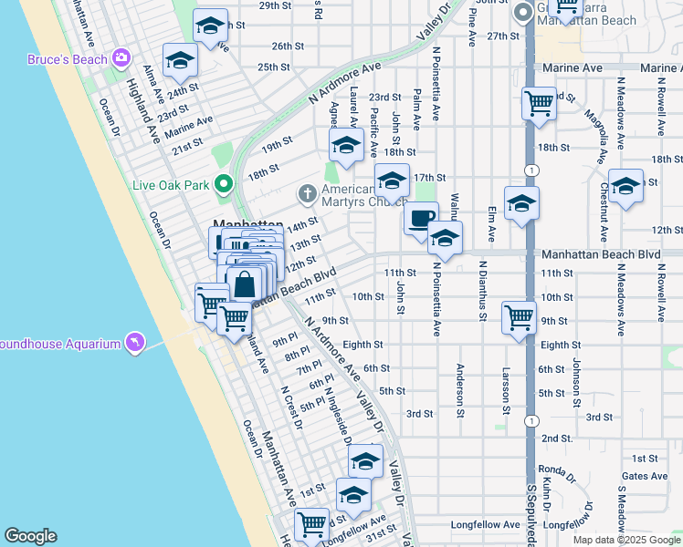 map of restaurants, bars, coffee shops, grocery stores, and more near 708 Manhattan Beach Boulevard in Manhattan Beach