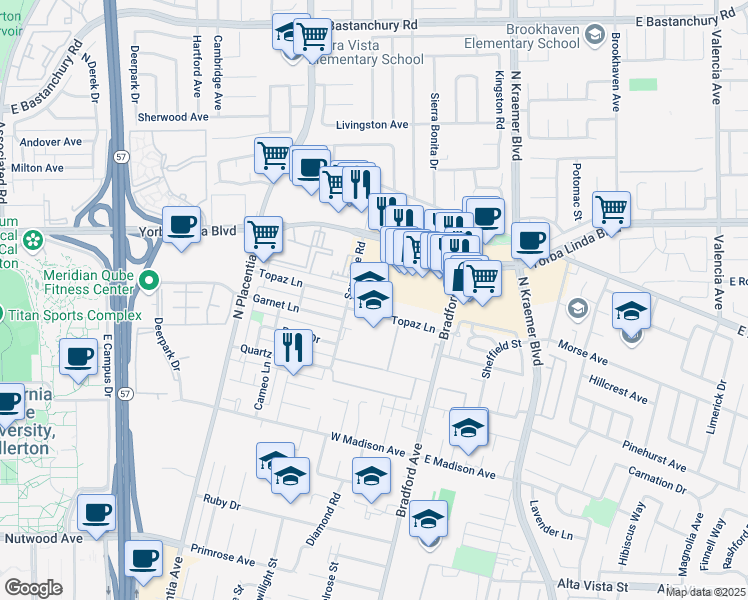 map of restaurants, bars, coffee shops, grocery stores, and more near 3219 Topaz Lane in Fullerton