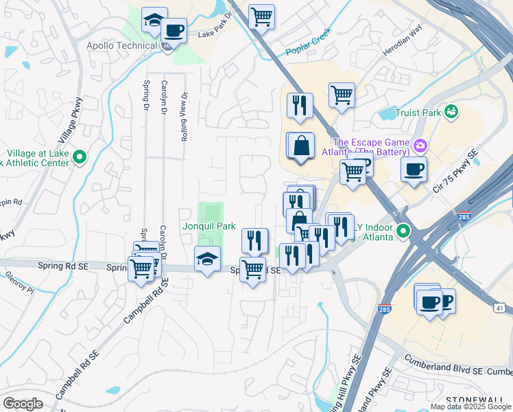 map of restaurants, bars, coffee shops, grocery stores, and more near 2708 Bell Drive Southeast in Smyrna