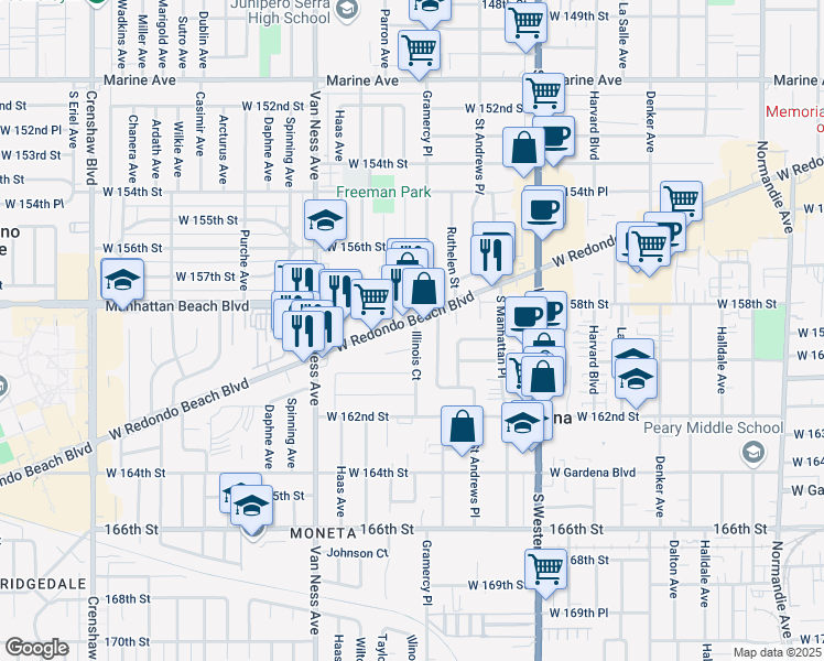 map of restaurants, bars, coffee shops, grocery stores, and more near 2040 Redondo Beach Boulevard in Torrance