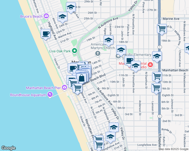 map of restaurants, bars, coffee shops, grocery stores, and more near 1145 Fisher Avenue in Manhattan Beach