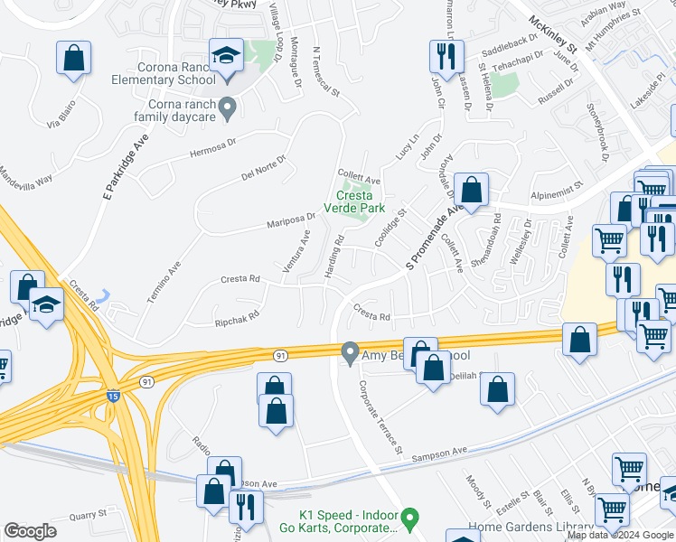 map of restaurants, bars, coffee shops, grocery stores, and more near 1605 Knox Circle in Corona