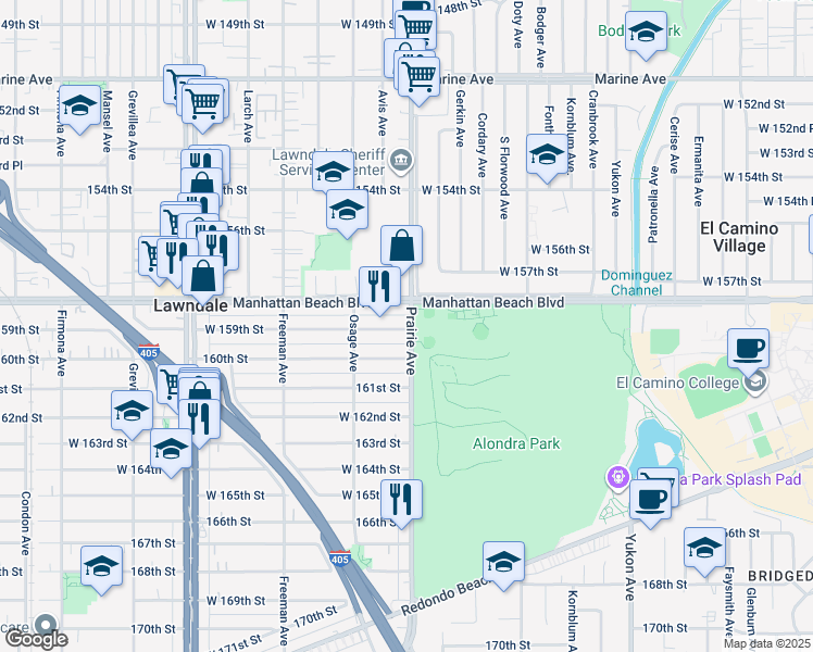 map of restaurants, bars, coffee shops, grocery stores, and more near 15827 Prairie Avenue in Lawndale