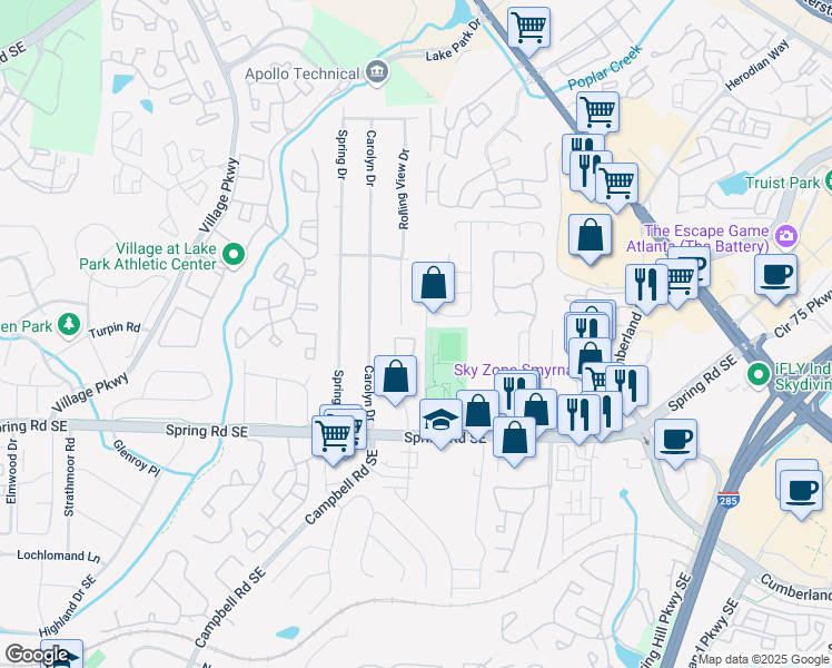 map of restaurants, bars, coffee shops, grocery stores, and more near 2698 Farmstead Road in Smyrna