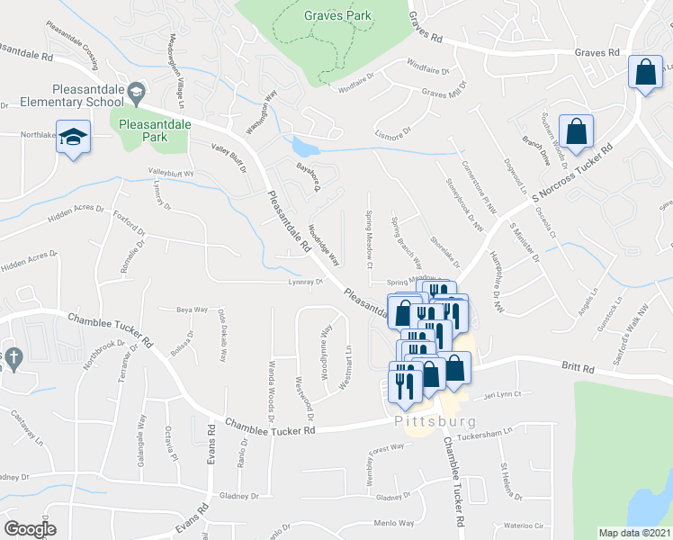 map of restaurants, bars, coffee shops, grocery stores, and more near 4041 Woodridge Way in Tucker