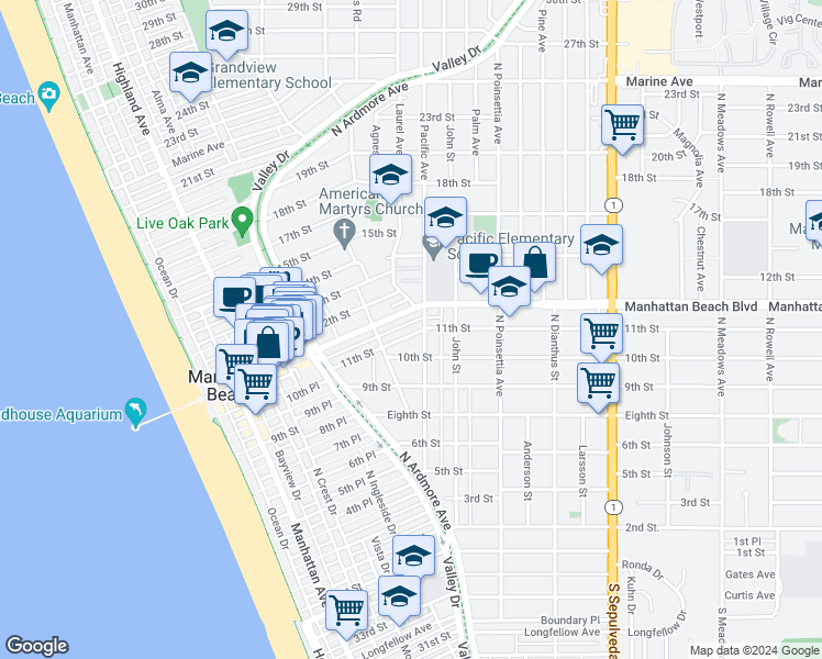 map of restaurants, bars, coffee shops, grocery stores, and more near 755 11th Street in Manhattan Beach