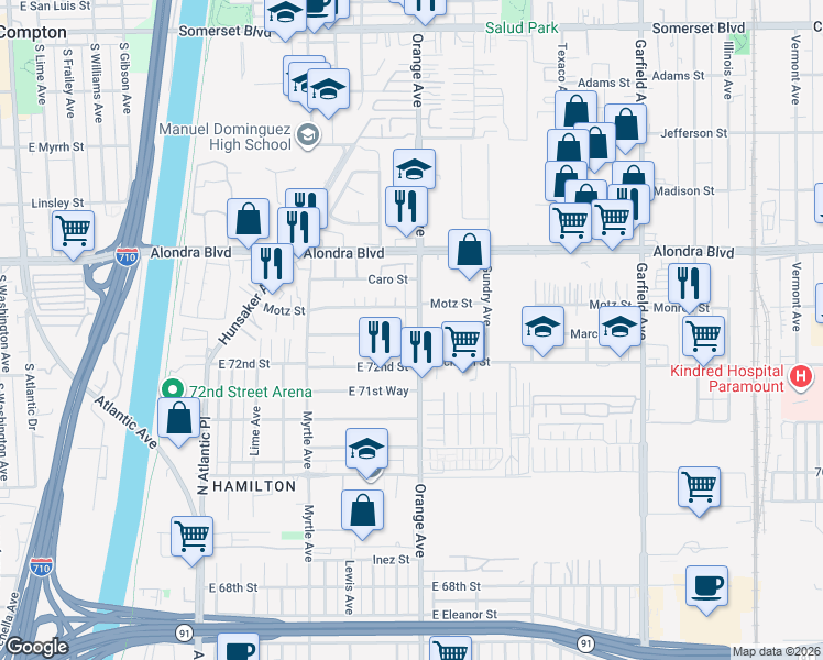 map of restaurants, bars, coffee shops, grocery stores, and more near 16225 Orange Avenue in Paramount
