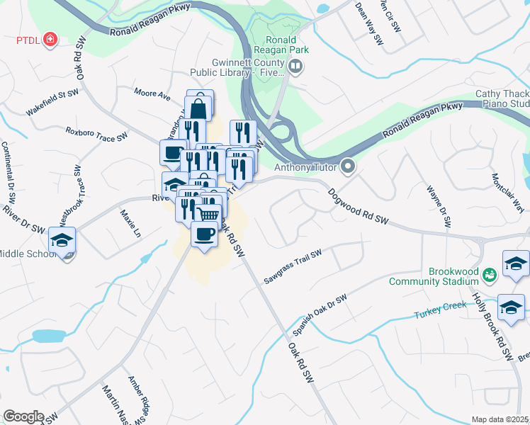 map of restaurants, bars, coffee shops, grocery stores, and more near 2955 Dominion Walk Lane in Snellville
