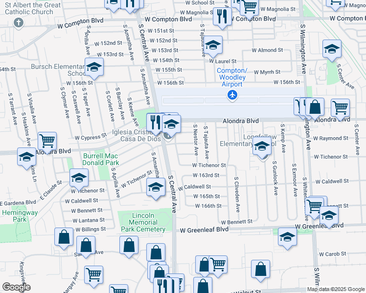 map of restaurants, bars, coffee shops, grocery stores, and more near 1806 West Reeve Street in Compton