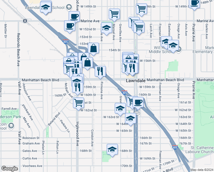 map of restaurants, bars, coffee shops, grocery stores, and more near 4559 West 159th Street in Lawndale