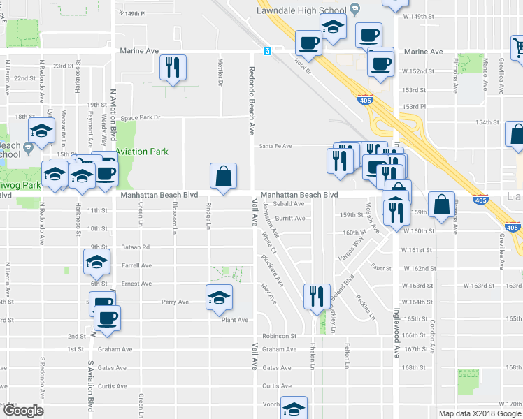 map of restaurants, bars, coffee shops, grocery stores, and more near 3409 Johnston Avenue in Redondo Beach