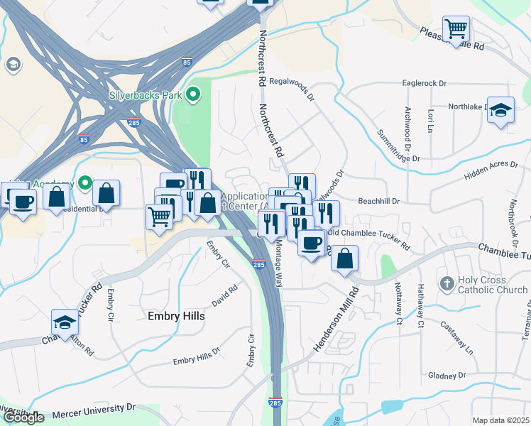 map of restaurants, bars, coffee shops, grocery stores, and more near 3307 Stonecrest Court in Chamblee