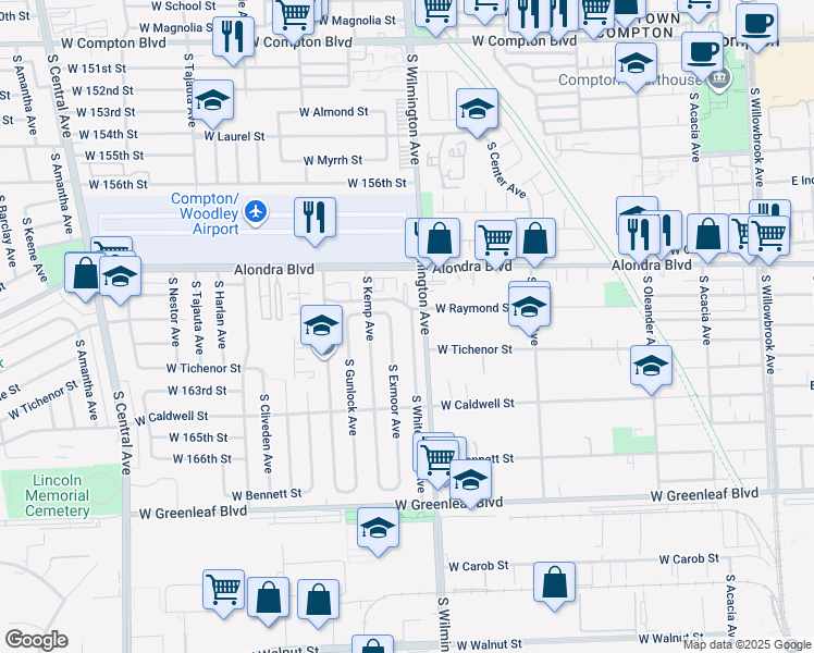 map of restaurants, bars, coffee shops, grocery stores, and more near 1011 South Whitemarsh Avenue in Compton