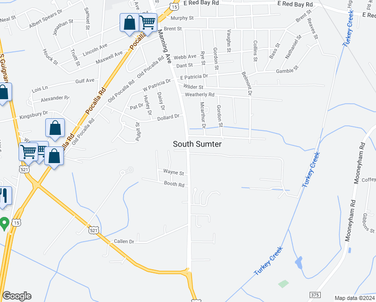 map of restaurants, bars, coffee shops, grocery stores, and more near 1209 Manning Road in Sumter