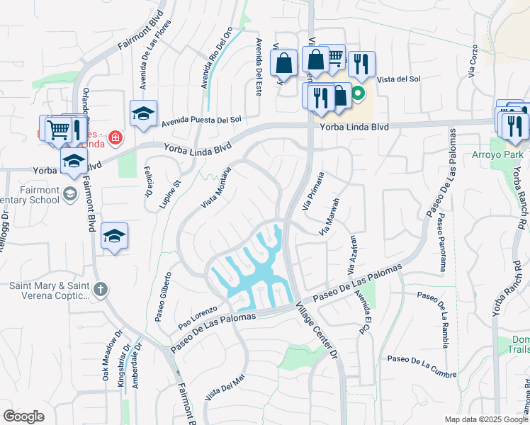 map of restaurants, bars, coffee shops, grocery stores, and more near 5176 Vía Daniel in Yorba Linda