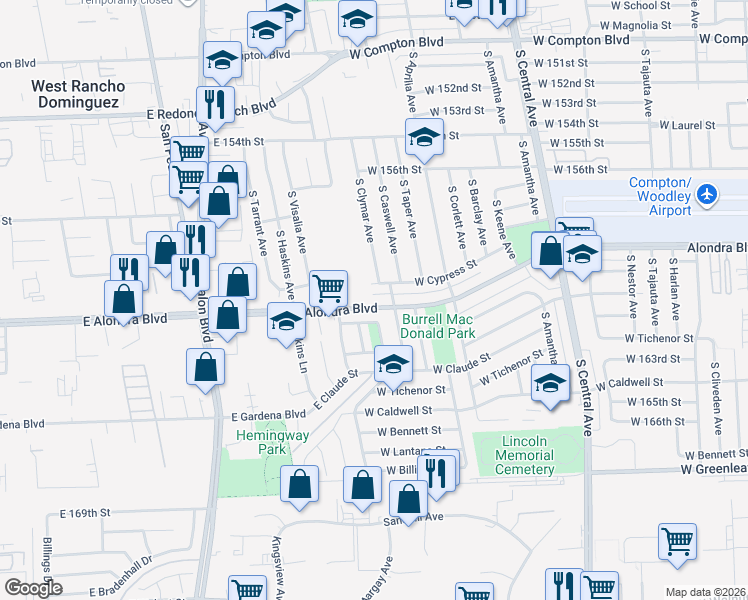map of restaurants, bars, coffee shops, grocery stores, and more near 2713 West Alondra Boulevard in Compton