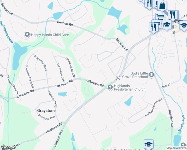map of restaurants, bars, coffee shops, grocery stores, and more near 2385 Waterton Ridge Trail in Grayson