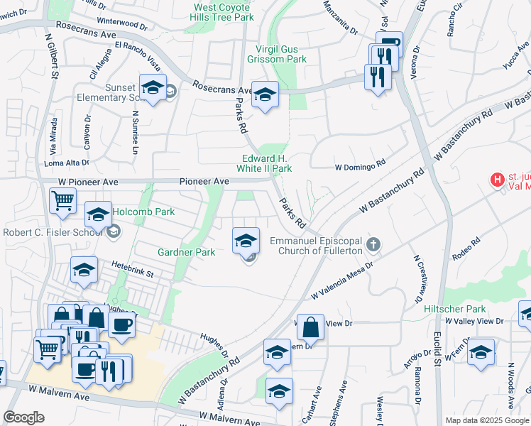 map of restaurants, bars, coffee shops, grocery stores, and more near 1444 Armijo Street in Fullerton