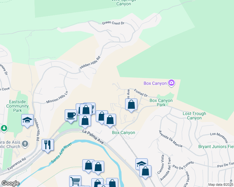 map of restaurants, bars, coffee shops, grocery stores, and more near 5055 Twilight Canyon Road in Yorba Linda
