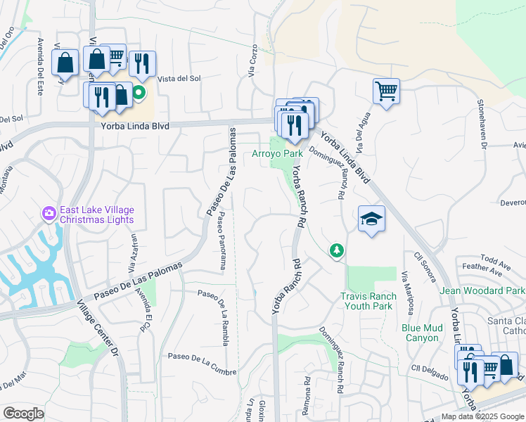map of restaurants, bars, coffee shops, grocery stores, and more near 21079 Carlos Road in Yorba Linda