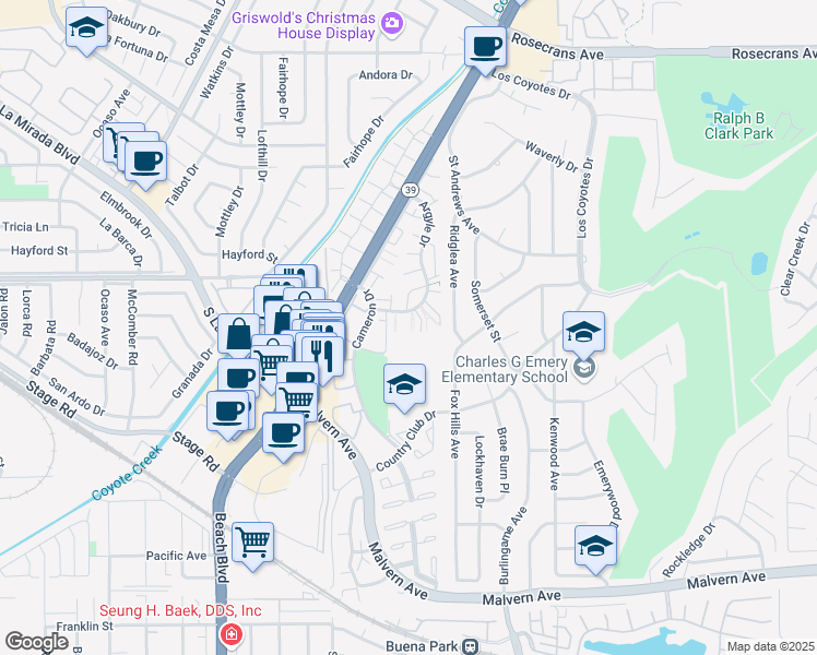 map of restaurants, bars, coffee shops, grocery stores, and more near 8246 Inverness Green in Buena Park