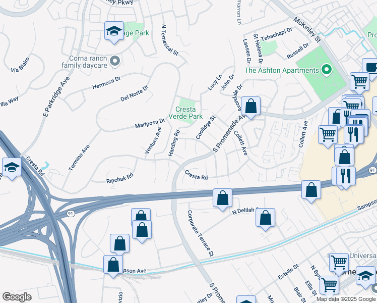 map of restaurants, bars, coffee shops, grocery stores, and more near 517 Hayes Circle in Corona