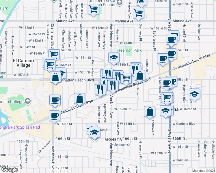 map of restaurants, bars, coffee shops, grocery stores, and more near 2205 West Redondo Beach Boulevard in Gardena