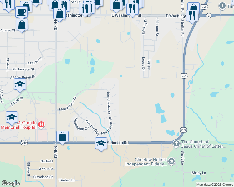 map of restaurants, bars, coffee shops, grocery stores, and more near 207 Stafford Lane in Idabel