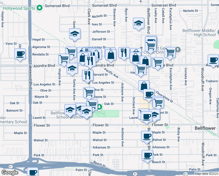 map of restaurants, bars, coffee shops, grocery stores, and more near 9519 Olive Street in Bellflower