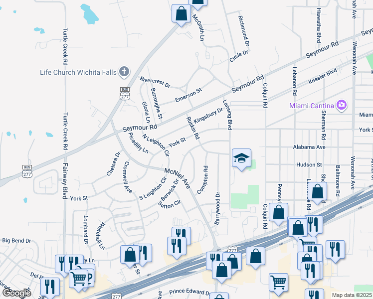map of restaurants, bars, coffee shops, grocery stores, and more near 4205 Berwick Drive in Wichita Falls