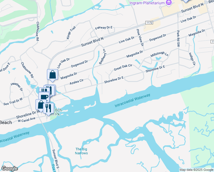 map of restaurants, bars, coffee shops, grocery stores, and more near 316-398 Stokes Ct W in Sunset Beach
