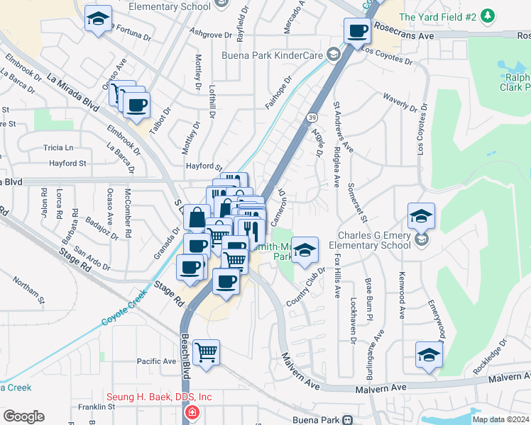 map of restaurants, bars, coffee shops, grocery stores, and more near 5533 Muir Drive in Buena Park