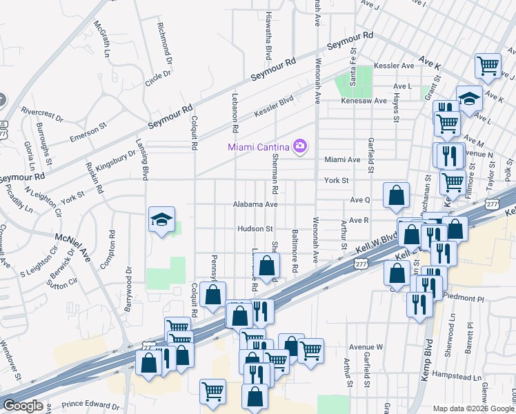 map of restaurants, bars, coffee shops, grocery stores, and more near 2703 Lawrence Road in Wichita Falls