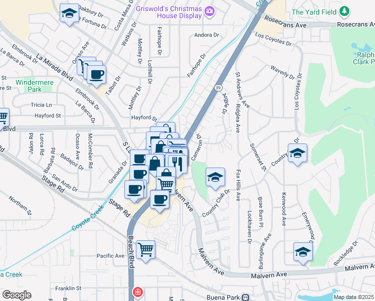 map of restaurants, bars, coffee shops, grocery stores, and more near 5533 Muir Drive in Buena Park