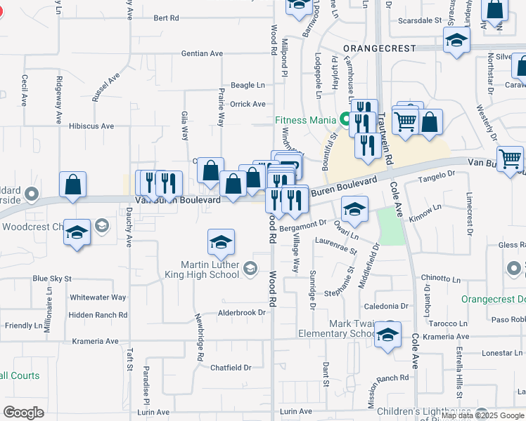 map of restaurants, bars, coffee shops, grocery stores, and more near 16045 Wood Road in Riverside