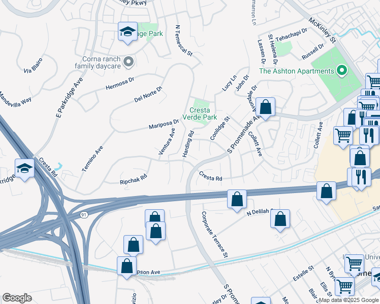 map of restaurants, bars, coffee shops, grocery stores, and more near 1605 Knox Circle in Corona