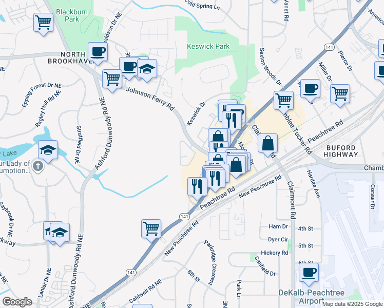 map of restaurants, bars, coffee shops, grocery stores, and more near 2447 Gatebury Circle in Chamblee