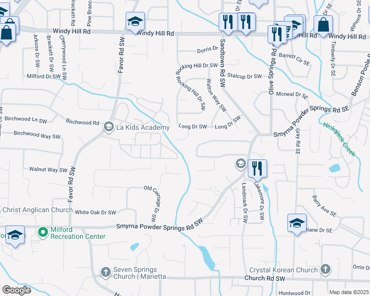 map of restaurants, bars, coffee shops, grocery stores, and more near 166 Smyrna Powder Springs Road Southwest in Marietta