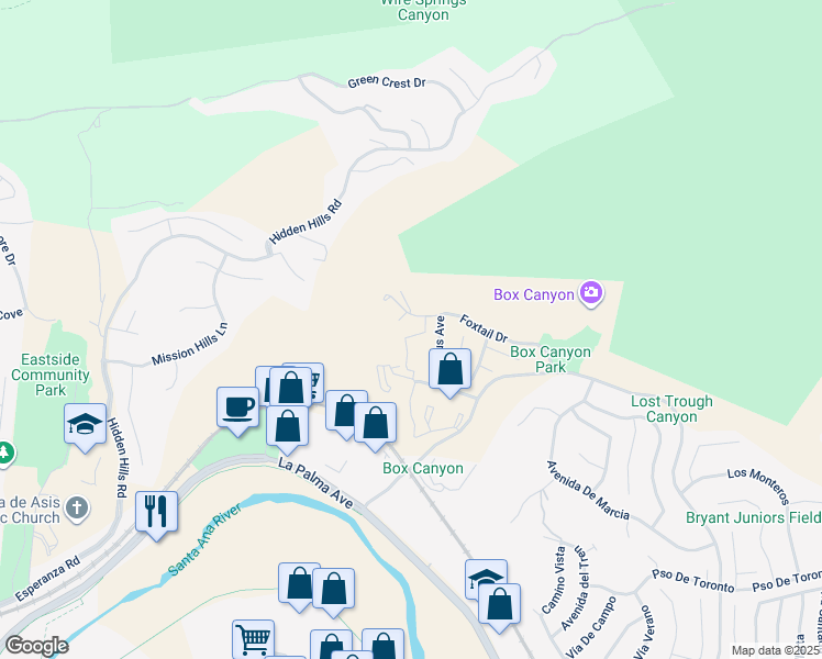 map of restaurants, bars, coffee shops, grocery stores, and more near 5045 Twilight Canyon Road in Yorba Linda