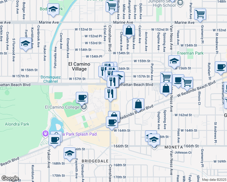 map of restaurants, bars, coffee shops, grocery stores, and more near 15900 Crenshaw Boulevard in Gardena