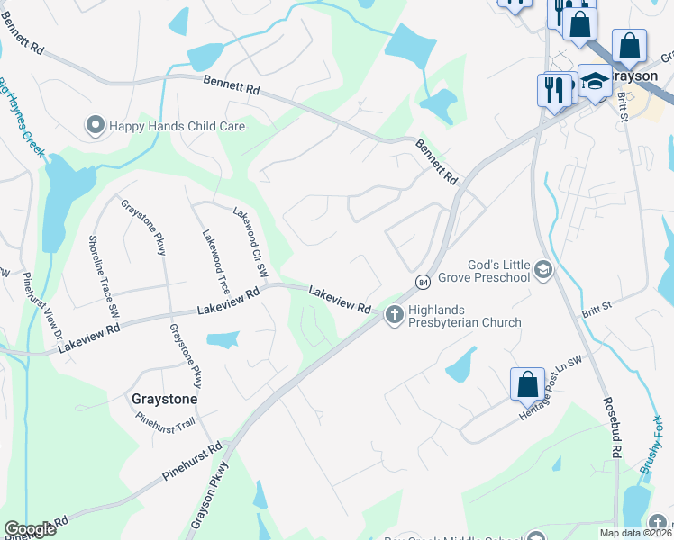 map of restaurants, bars, coffee shops, grocery stores, and more near 2385 Waterton Ridge Trail in Grayson
