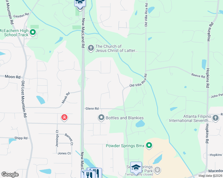 map of restaurants, bars, coffee shops, grocery stores, and more near 2710 Braemore Glenn in Powder Springs