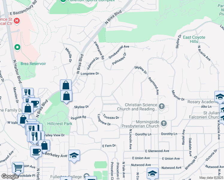 map of restaurants, bars, coffee shops, grocery stores, and more near 1701 Skyline Drive in Fullerton