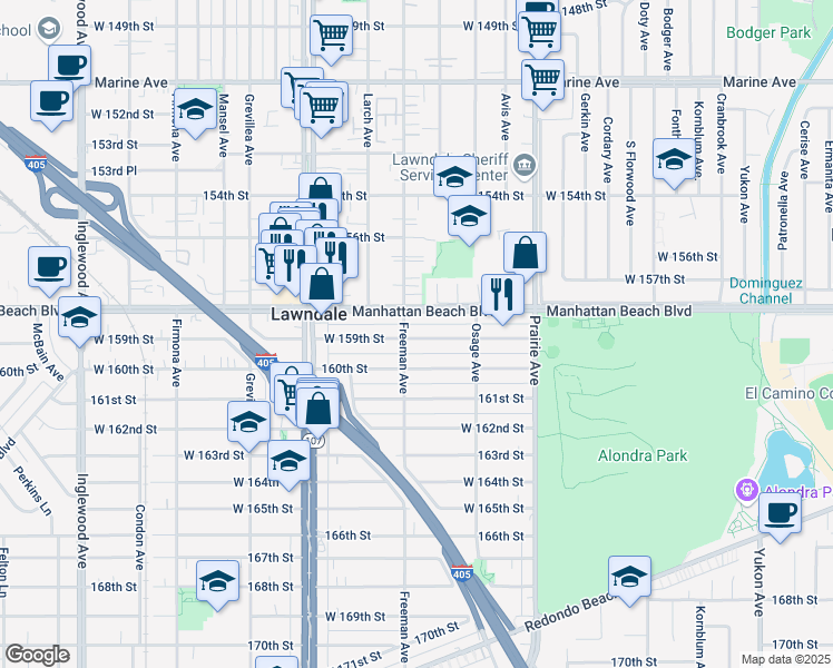 map of restaurants, bars, coffee shops, grocery stores, and more near 4169 159th Street in Lawndale