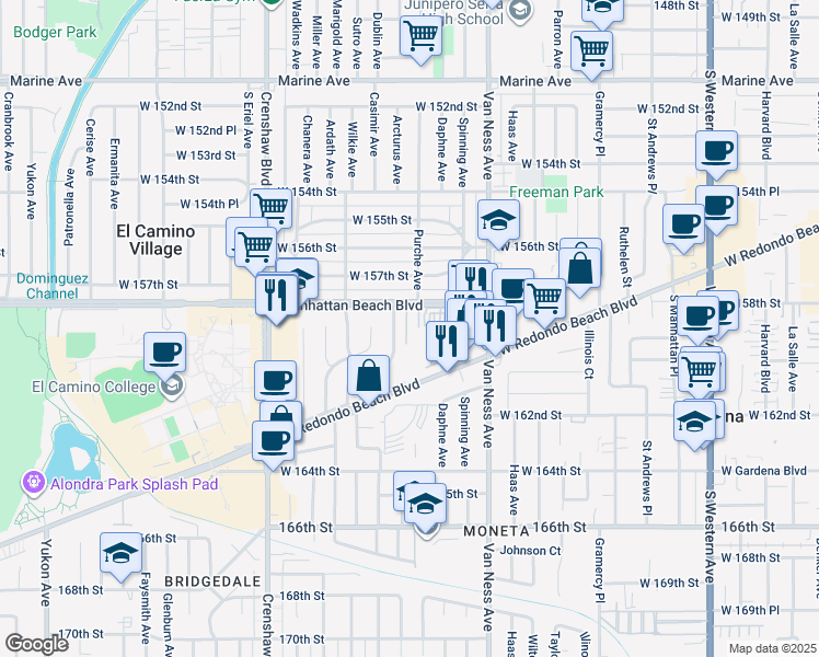 map of restaurants, bars, coffee shops, grocery stores, and more near 2502 Manhattan Beach Boulevard in Gardena