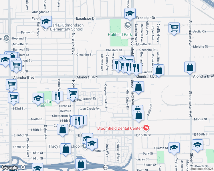 map of restaurants, bars, coffee shops, grocery stores, and more near 12419 Cedarcreek Lane in Cerritos