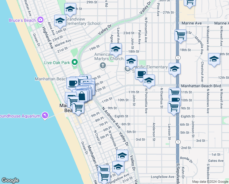 map of restaurants, bars, coffee shops, grocery stores, and more near 708 Manhattan Beach Boulevard in Manhattan Beach